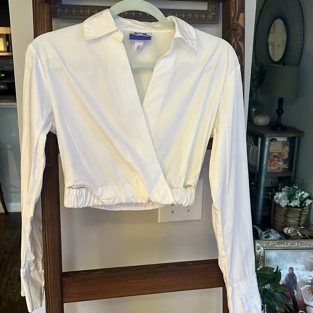 Future Collective collared LS cropped Low Cut Blouse